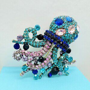 Blue Octopus Brooch Octopus Pin Rhinestone Octopus Brooch